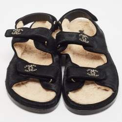 Pre Owned Chanel Black Calf Hair Dad Embellished CC Slingback Flat Sandals Size 42