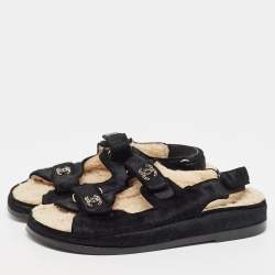 Pre Owned Chanel Black Calf Hair Dad Embellished CC Slingback Flat Sandals Size 42