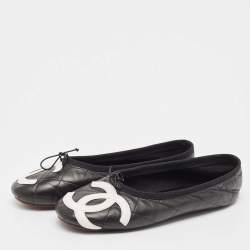 Pre Owned Chanel Black Quilted Leather Cambon Bow Ballet Flats Size 39
