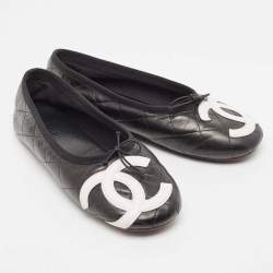Pre Owned Chanel Black Quilted Leather Cambon Bow Ballet Flats Size 39