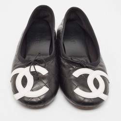 Pre Owned Chanel Black Quilted Leather Cambon Bow Ballet Flats Size 39