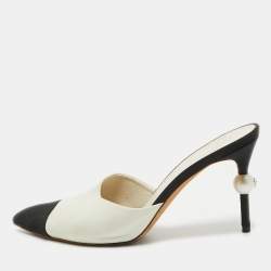 Chanel White/Black Leather and Fabric CC Faux Pearl Heel Mules Size 38.5