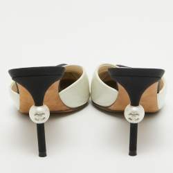 Chanel White/Black Leather and Fabric CC Faux Pearl Heel Mules Size 38.5
