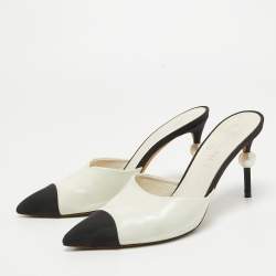 Chanel White/Black Leather and Fabric CC Faux Pearl Heel Mules Size 38.5