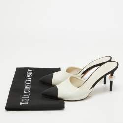 Chanel White/Black Leather and Fabric CC Faux Pearl Heel Mules Size 38.5