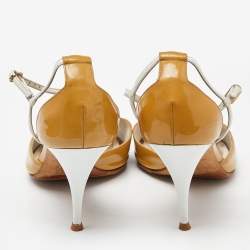 Pre Owned Chanel Beige/White Patent and Leather CC T-Bar Ankle Strap Sandals Size 39