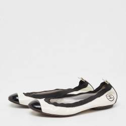 Chanel White/Black Patent Scrunch Ballet Flats Size 39.5