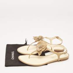 Chanel Brown Leather Camelia Thong Slingback Sandals Size 38