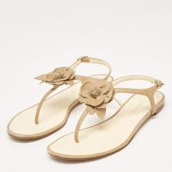 Chanel Brown Leather Camelia Thong Slingback Sandals Size 38