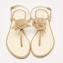 Chanel Brown Leather Camelia Thong Slingback Sandals Size 38