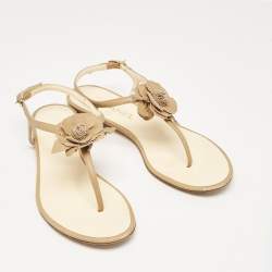 Chanel Brown Leather Camelia Thong Slingback Sandals Size 38
