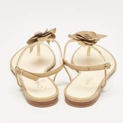 Chanel Brown Leather Camelia Thong Slingback Sandals Size 38