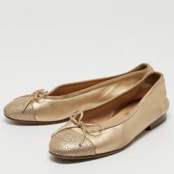 Pre Owned Chanel Gold Leather CC Cap Toe Bow Ballet Flats Size 34.5