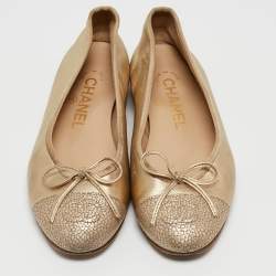 Pre Owned Chanel Gold Leather CC Cap Toe Bow Ballet Flats Size 34.5