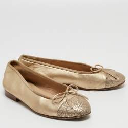 Pre Owned Chanel Gold Leather CC Cap Toe Bow Ballet Flats Size 34.5