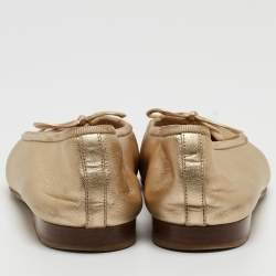 Pre Owned Chanel Gold Leather CC Cap Toe Bow Ballet Flats Size 34.5