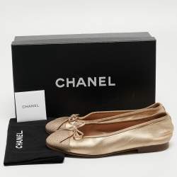 Pre Owned Chanel Gold Leather CC Cap Toe Bow Ballet Flats Size 34.5