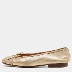 Pre Owned Chanel Gold Leather CC Cap Toe Bow Ballet Flats Size 34.5