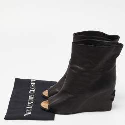 Chanel Black Leather Peep Toe Wedge Ankle Boots Size 41