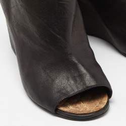 Chanel Black Leather Peep Toe Wedge Ankle Boots Size 41