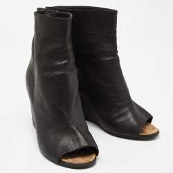 Chanel Black Leather Peep Toe Wedge Ankle Boots Size 41