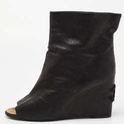 Chanel Black Leather Peep Toe Wedge Ankle Boots Size 41