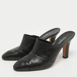 Chanel Black Leather CC Mules Size 41.5 