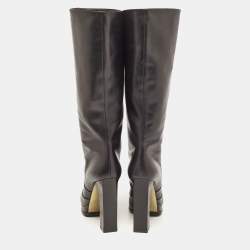 Pre Owned Chanel Black Leather Platform Knee Length CC Block Heel Boots Size 40.5