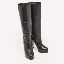 Pre Owned Chanel Black Leather Platform Knee Length CC Block Heel Boots Size 40.5