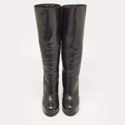 Pre Owned Chanel Black Leather Platform Knee Length CC Block Heel Boots Size 40.5