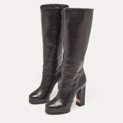 Pre Owned Chanel Black Leather Platform Knee Length CC Block Heel Boots Size 40.5