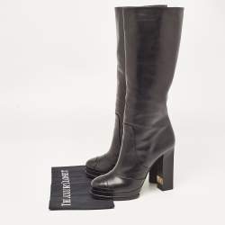 Pre Owned Chanel Black Leather Platform Knee Length CC Block Heel Boots Size 40.5