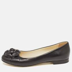 Pre Owned Chanel Black Leather Camelia Ballet Flats Size 39.5