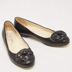 Pre Owned Chanel Black Leather Camelia Ballet Flats Size 39.5