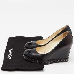 Pre Owned Chanel Black Leather and Patent Leather CC Cap Toe Chain Embellished Wedge Pumps Size 35