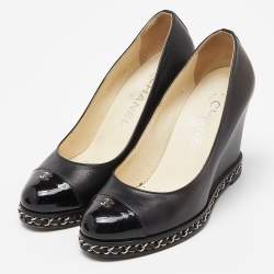 Pre Owned Chanel Black Leather and Patent Leather CC Cap Toe Chain Embellished Wedge Pumps Size 35