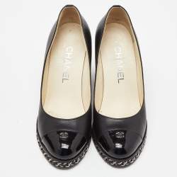 Pre Owned Chanel Black Leather and Patent Leather CC Cap Toe Chain Embellished Wedge Pumps Size 35
