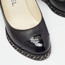 Pre Owned Chanel Black Leather and Patent Leather CC Cap Toe Chain Embellished Wedge Pumps Size 35