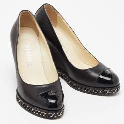 Pre Owned Chanel Black Leather and Patent Leather CC Cap Toe Chain Embellished Wedge Pumps Size 35