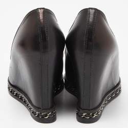 Pre Owned Chanel Black Leather and Patent Leather CC Cap Toe Chain Embellished Wedge Pumps Size 35