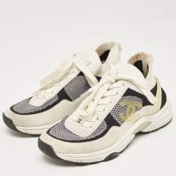 Pre Owned Chanel Multicolor Knit Fabric And Suede CC Low Top Sneakers Size 35.5