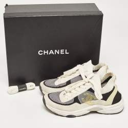Pre Owned Chanel Multicolor Knit Fabric And Suede CC Low Top Sneakers Size 35.5