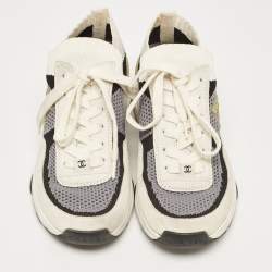 Pre Owned Chanel Multicolor Knit Fabric And Suede CC Low Top Sneakers Size 35.5
