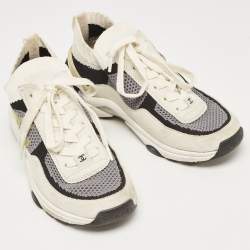 Pre Owned Chanel Multicolor Knit Fabric And Suede CC Low Top Sneakers Size 35.5
