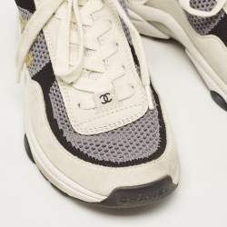 Pre Owned Chanel Multicolor Knit Fabric And Suede CC Low Top Sneakers Size 35.5