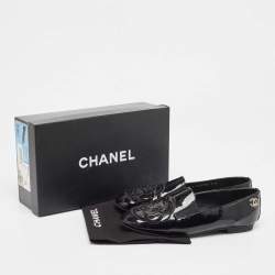 Pre Owned Chanel Black Patent Leather CC Camellia Loafers Size 38