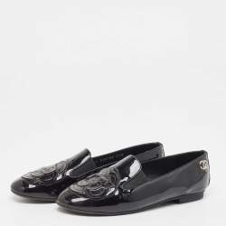 Pre Owned Chanel Black Patent Leather CC Camellia Loafers Size 38