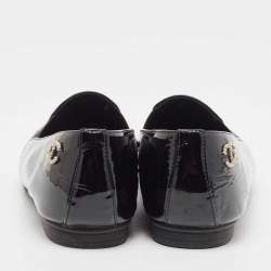 Pre Owned Chanel Black Patent Leather CC Camellia Loafers Size 38