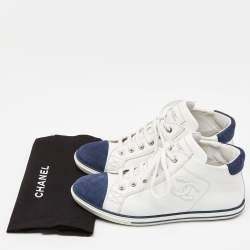 Chanel White/Blue Leather and Suede Lace Up High Top Sneakers Size 36