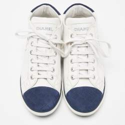 Chanel White/Blue Leather and Suede Lace Up High Top Sneakers Size 36